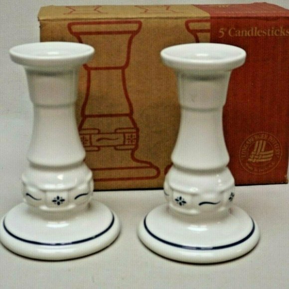Longaberger Pottery Woven Traditions Classic Blue  5" Candlesticks New in Box - Picture 6 of 8